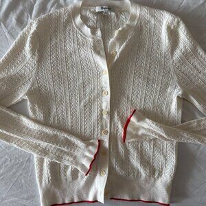 Madewell size medium Off White Ivory Crochet Pointelle Cardigan with Red Trim